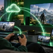 Jogador utiliza controle Xbox diante de uma televisão, enquanto o mesmo jogo aparece em notebook, smartphone e tablet, representando o Xbox Cloud Gaming.