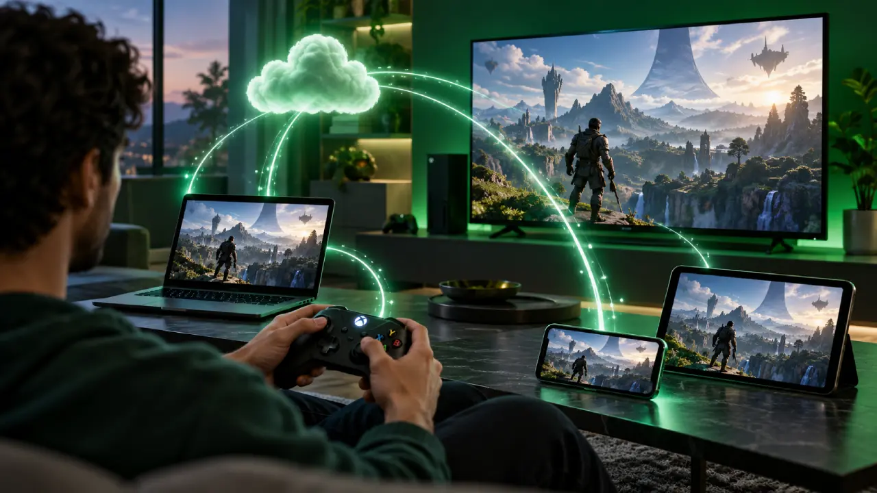 Jogador utiliza controle Xbox diante de uma televisão, enquanto o mesmo jogo aparece em notebook, smartphone e tablet, representando o Xbox Cloud Gaming.