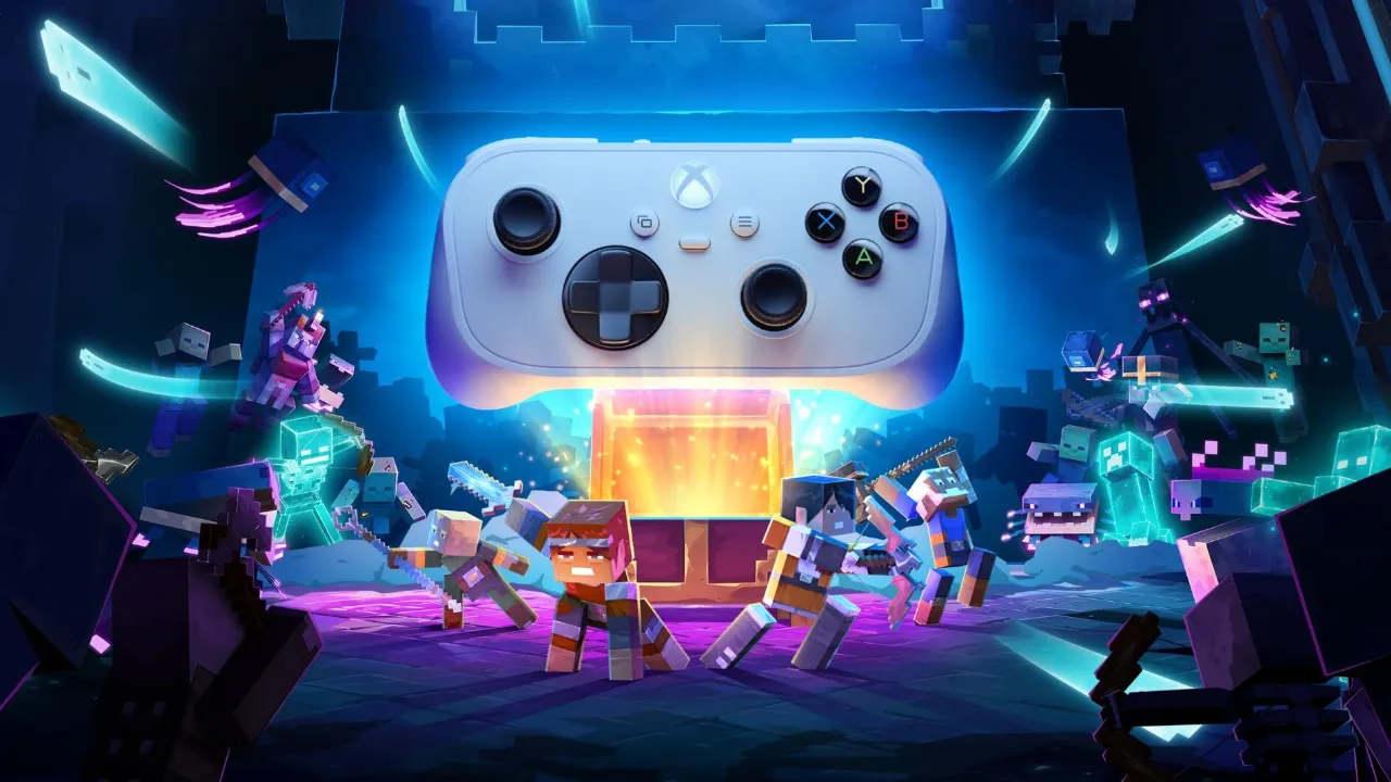 Controle Xbox Nano da Microsoft visto de frente, com dois analógicos, botões de ação, direcional e estrutura compacta.